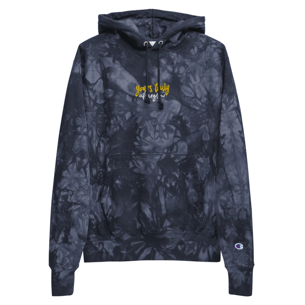 Afterglow Embroidered ‘Champion’ Tie Dye Hoodie Yours Truly Afterglow Embroidered ‘Champion’ Tie Dye Hoodie -Cap Shop unisex champion tie dye hoodie navy front 61a5a8389c6ea